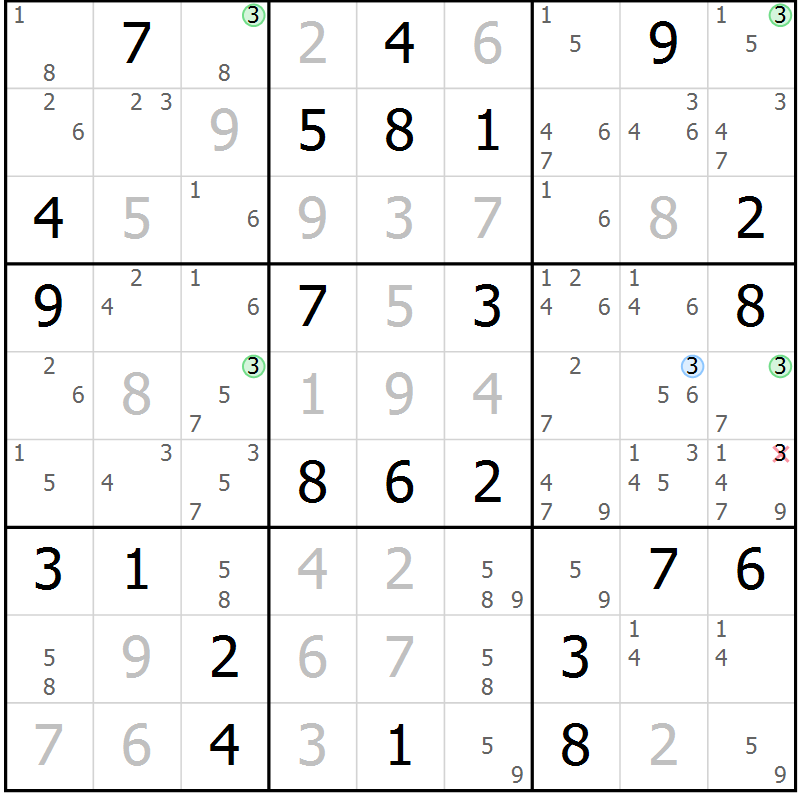Position des candidats pour la solution de la Gr 68 page 71 du magazine de sudoku Maestro n° 101