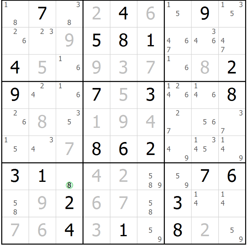 Position des candidats pour la solution de la Gr 68 page 71 du magazine de sudoku Maestro n° 101