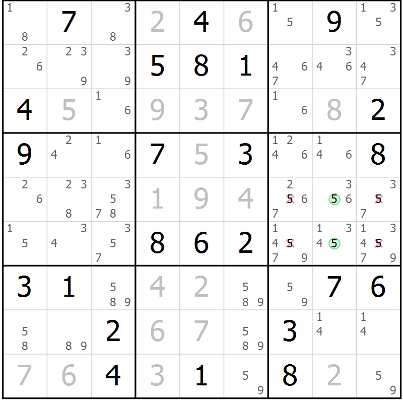 Position des candidats pour la solution de la Gr 68 page 71 du magazine de sudoku Maestro n° 101