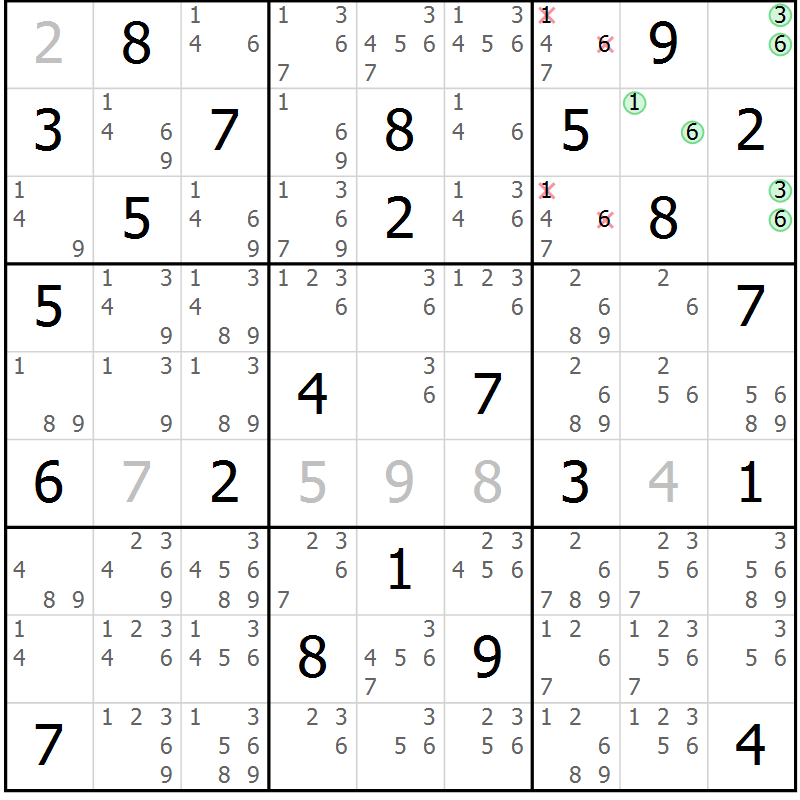 Position des candidats pour la solution de la Gr 69 page 72 du magazine de sudoku Maestro n° 101