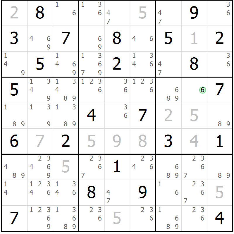 Position des candidats pour la solution de la Gr 69 page 72 du magazine de sudoku Maestro n° 101