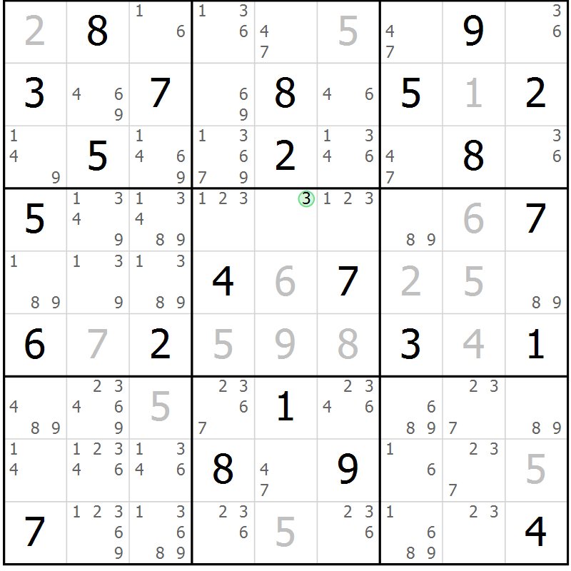 Position des candidats pour la solution de la Gr 69 page 72 du magazine de sudoku Maestro n° 101