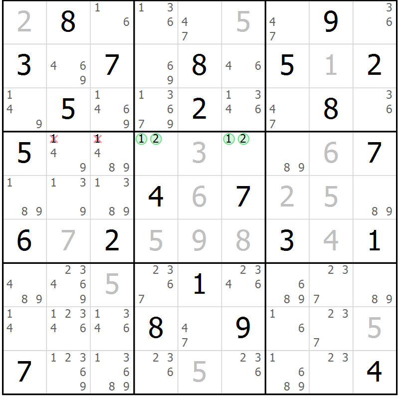Position des candidats pour la solution de la Gr 69 page 72 du magazine de sudoku Maestro n° 101