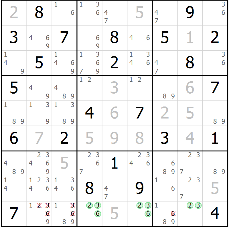 Position des candidats pour la solution de la Gr 69 page 72 du magazine de sudoku Maestro n° 101