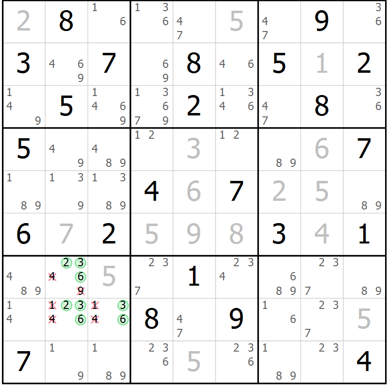 Position des candidats pour la solution de la Gr 69 page 72 du magazine de sudoku Maestro n° 101