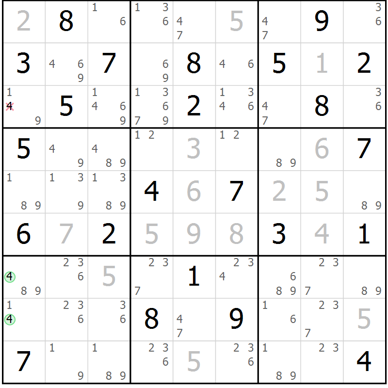 Position des candidats pour la solution de la Gr 69 page 72 du magazine de sudoku Maestro n° 101