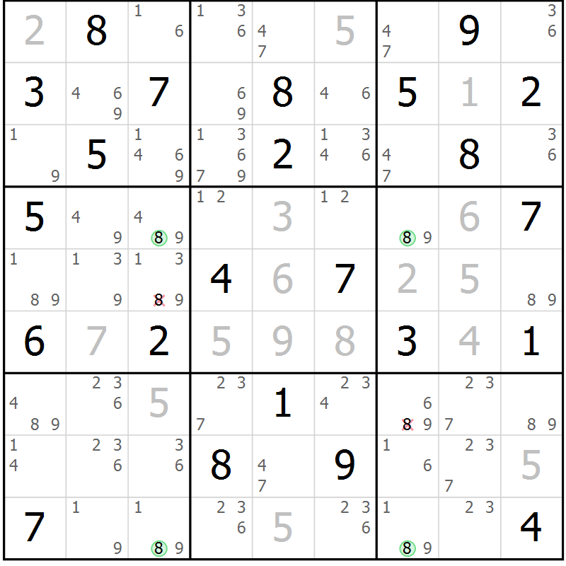 Position des candidats pour la solution de la Gr 69 page 72 du magazine de sudoku Maestro n° 101