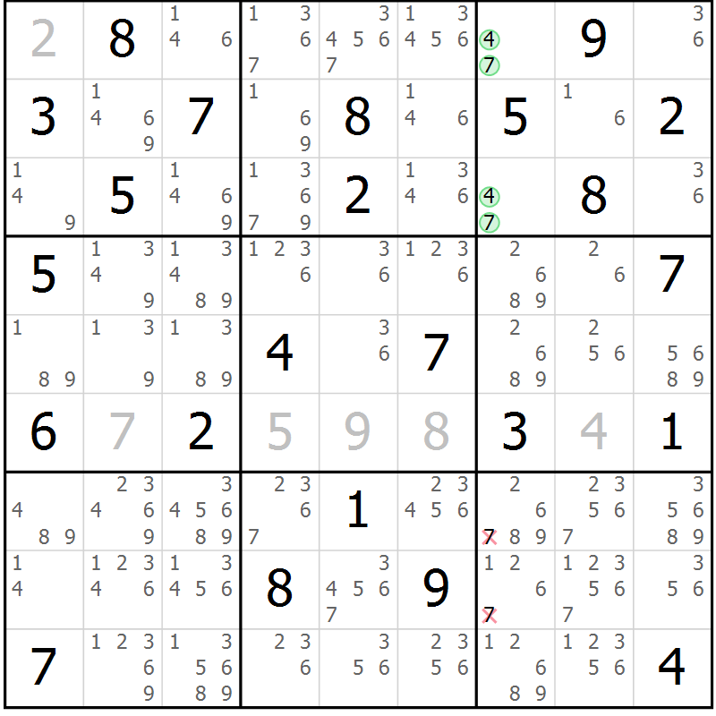 Position des candidats pour la solution de la Gr 69 page 72 du magazine de sudoku Maestro n° 101