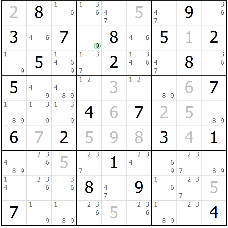 Position des candidats pour la solution de la Gr 69 page 72 du magazine de sudoku Maestro n° 101