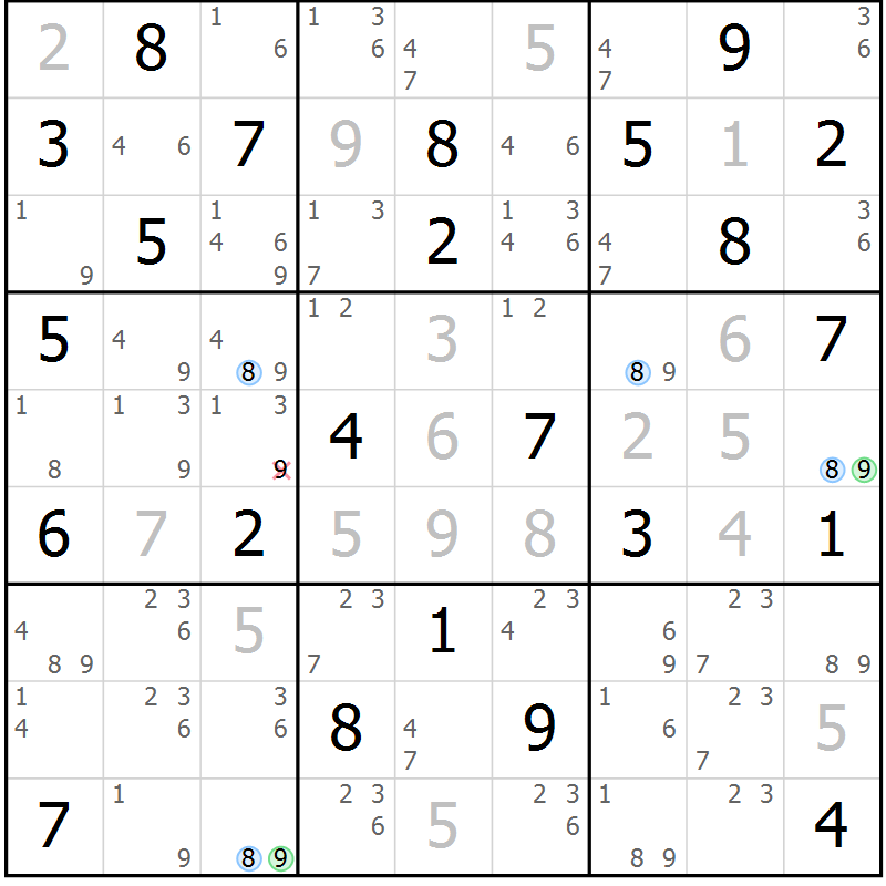 Position des candidats pour la solution de la Gr 69 page 72 du magazine de sudoku Maestro n° 101