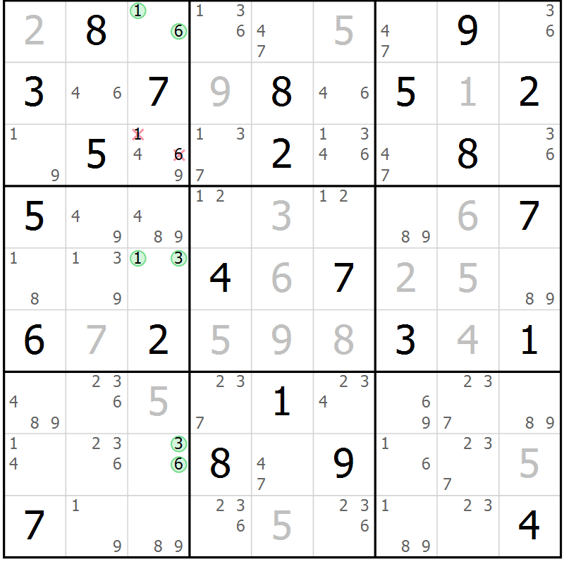 Position des candidats pour la solution de la Gr 69 page 72 du magazine de sudoku Maestro n° 101