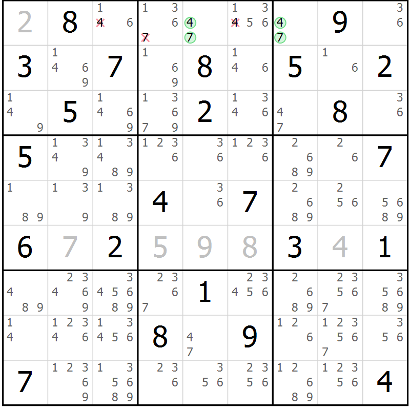 Position des candidats pour la solution de la Gr 69 page 72 du magazine de sudoku Maestro n° 101