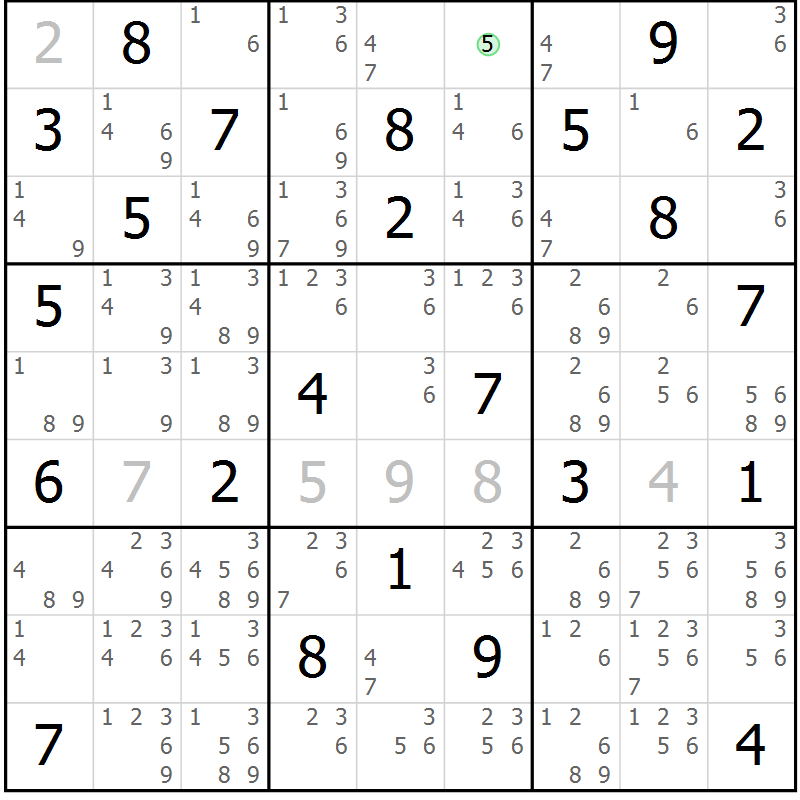 Position des candidats pour la solution de la Gr 69 page 72 du magazine de sudoku Maestro n° 101