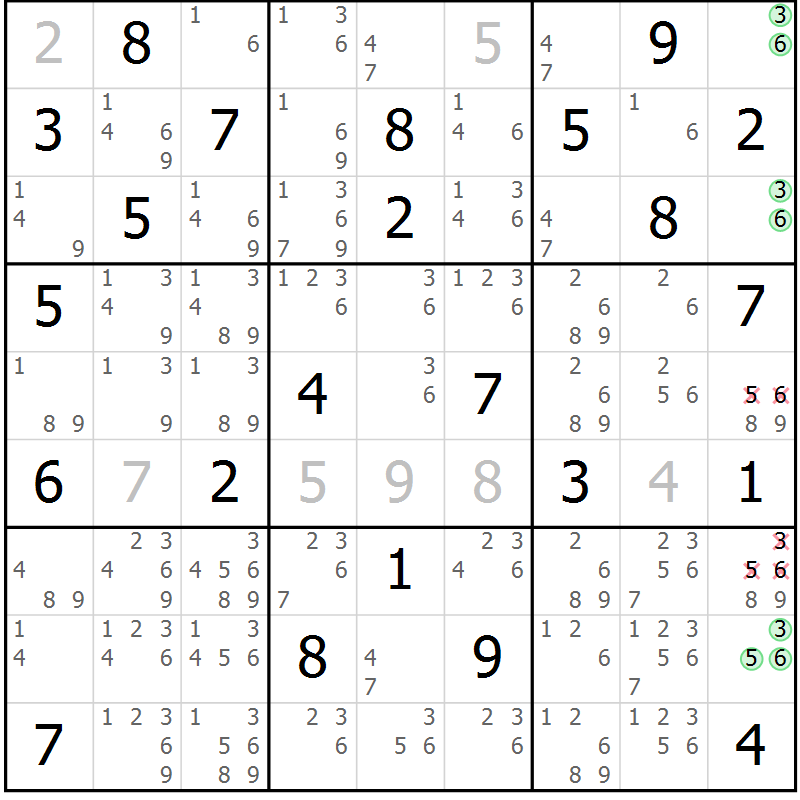 Position des candidats pour la solution de la Gr 69 page 72 du magazine de sudoku Maestro n° 101