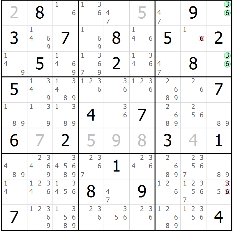 Position des candidats pour la solution de la Gr 69 page 72 du magazine de sudoku Maestro n° 101