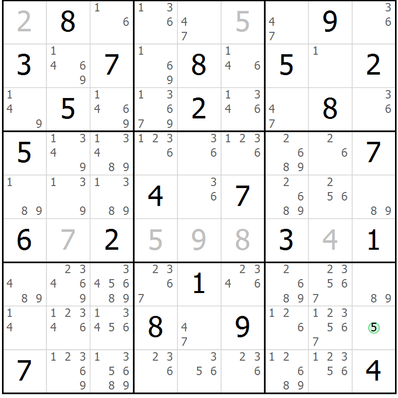 Position des candidats pour la solution de la Gr 69 page 72 du magazine de sudoku Maestro n° 101