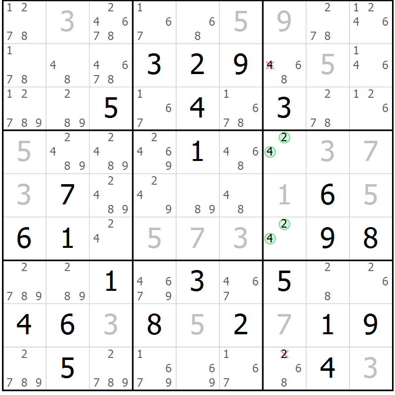 Position des candidats pour la solution de la Gr 70 page 73 du magazine de sudoku Maestro n° 101