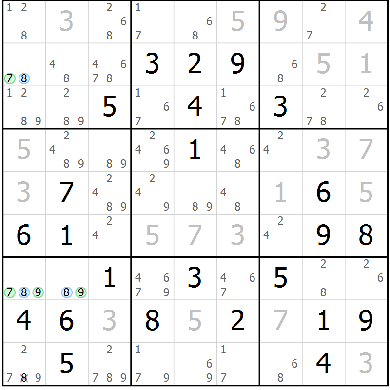Position des candidats pour la solution de la Gr 70 page 73 du magazine de sudoku Maestro n° 101
