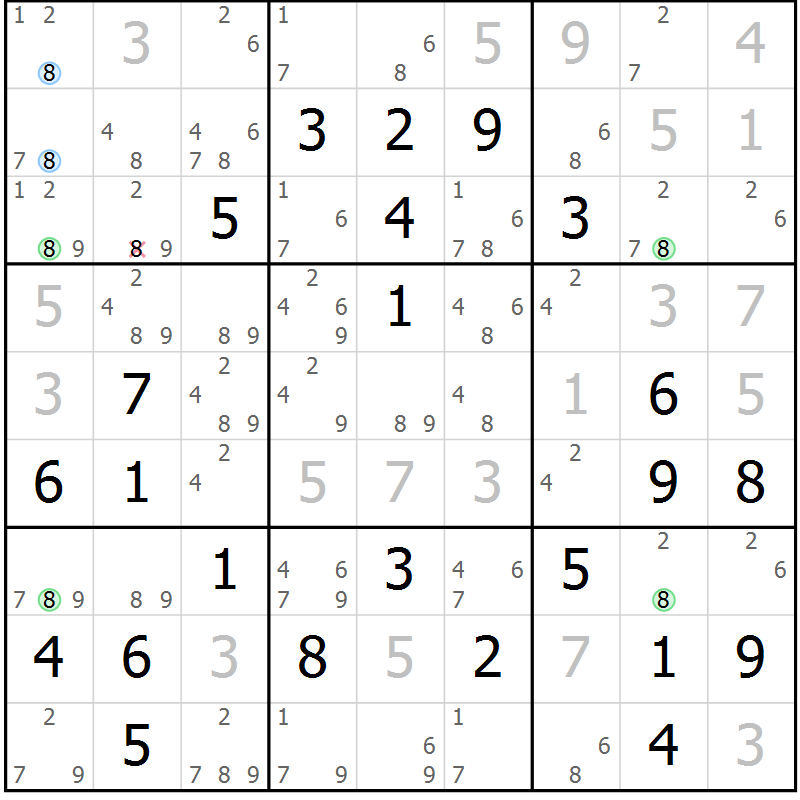 Position des candidats pour la solution de la Gr 70 page 73 du magazine de sudoku Maestro n° 101