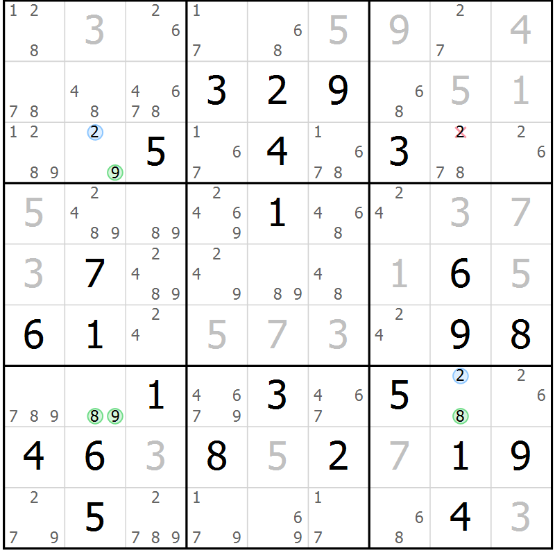 Position des candidats pour la solution de la Gr 70 page 73 du magazine de sudoku Maestro n° 101