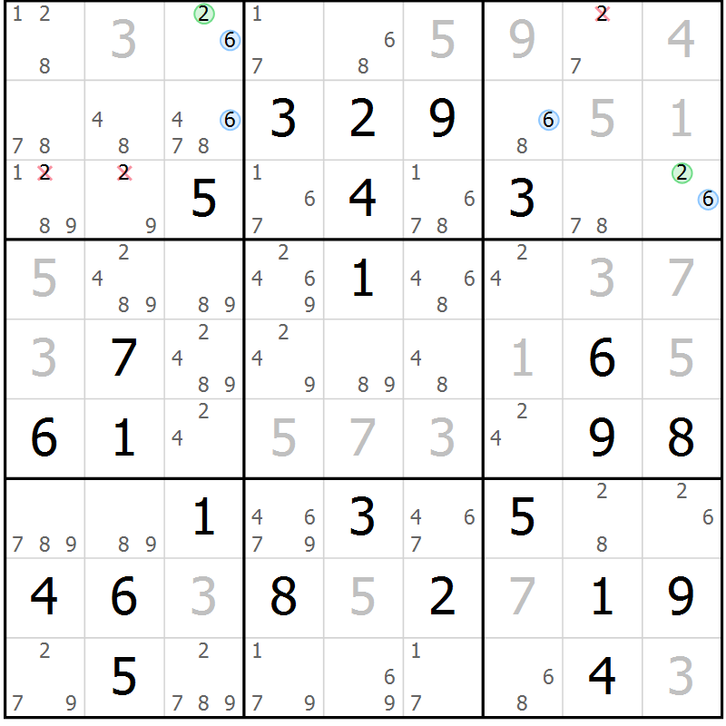 Position des candidats pour la solution de la Gr 70 page 73 du magazine de sudoku Maestro n° 101