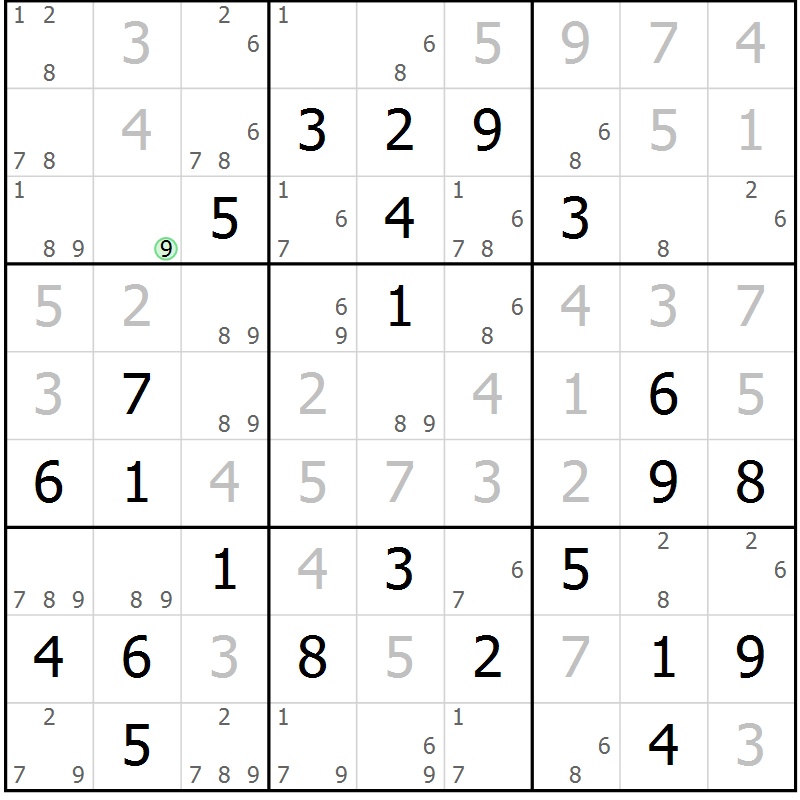Position des candidats pour la solution de la Gr 70 page 73 du magazine de sudoku Maestro n° 101