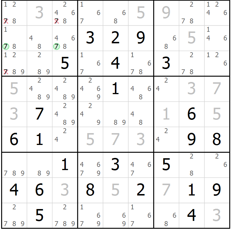 Position des candidats pour la solution de la Gr 70 page 73 du magazine de sudoku Maestro n° 101