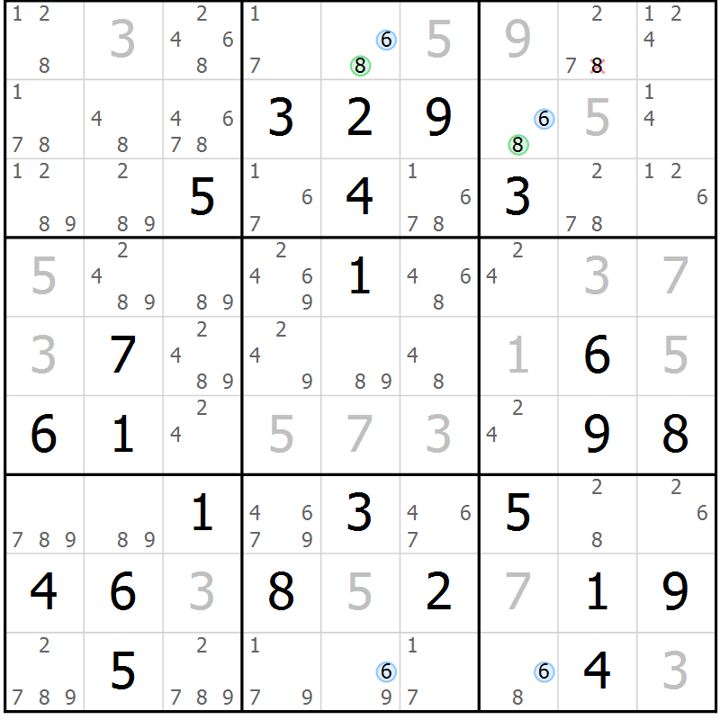 Position des candidats pour la solution de la Gr 70 page 73 du magazine de sudoku Maestro n° 101