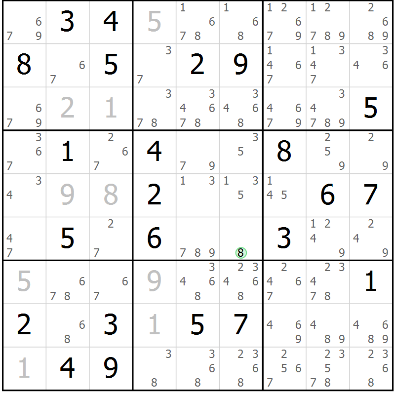 Position des candidats pour la solution de la Gr 71 page 74 du magazine de sudoku Maestro n° 101