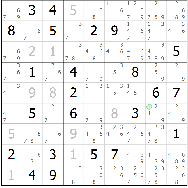 Position des candidats pour la solution de la Gr 71 page 74 du magazine de sudoku Maestro n° 101