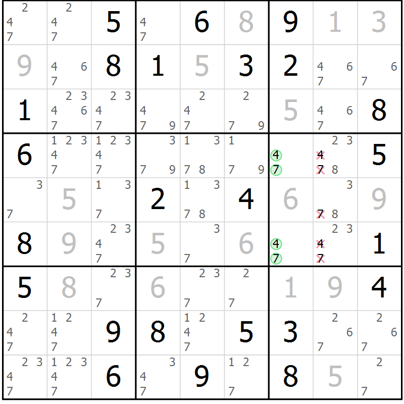 Position des candidats pour la solution de la Gr 72 page 75 du magazine de sudoku Maestro n° 101