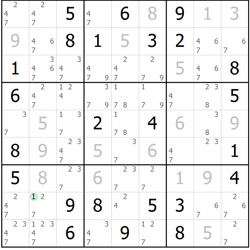 Position des candidats pour la solution de la Gr 72 page 75 du magazine de sudoku Maestro n° 101