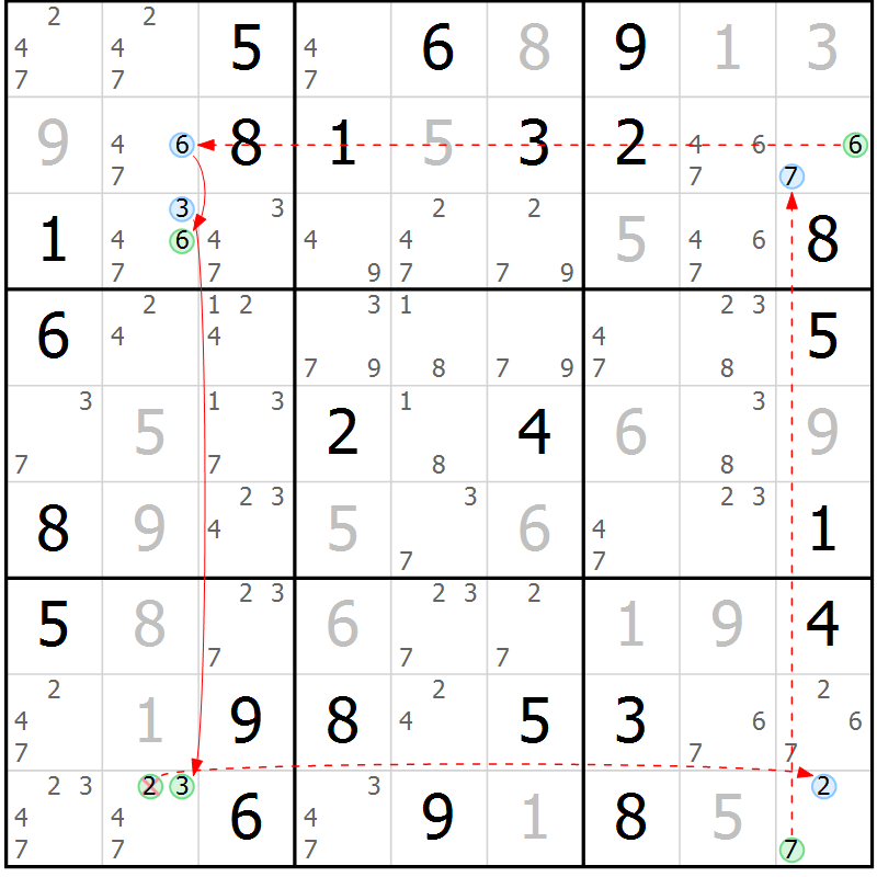 Position des candidats pour la solution de la Gr 72 page 75 du magazine de sudoku Maestro n° 101