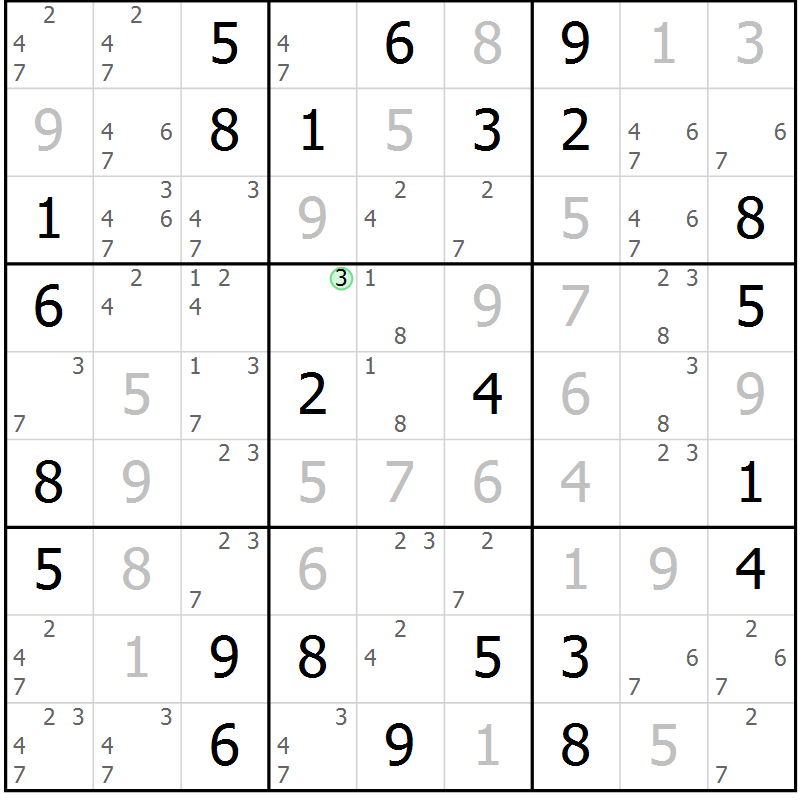 Position des candidats pour la solution de la Gr 72 page 75 du magazine de sudoku Maestro n° 101