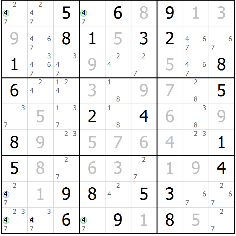 Position des candidats pour la solution de la Gr 72 page 75 du magazine de sudoku Maestro n° 101