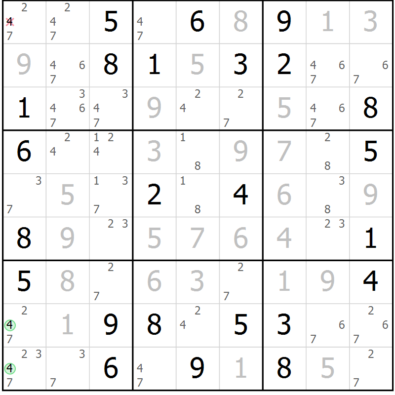 Position des candidats pour la solution de la Gr 72 page 75 du magazine de sudoku Maestro n° 101