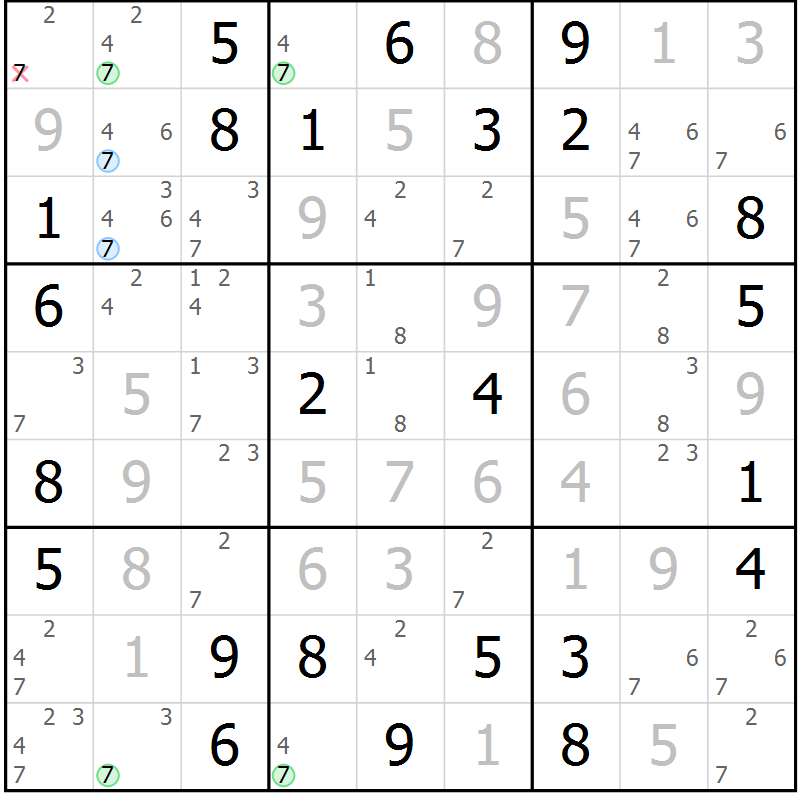 Position des candidats pour la solution de la Gr 72 page 75 du magazine de sudoku Maestro n° 101