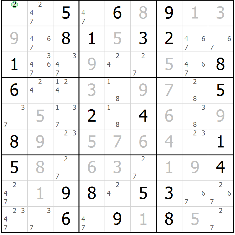 Position des candidats pour la solution de la Gr 72 page 75 du magazine de sudoku Maestro n° 101