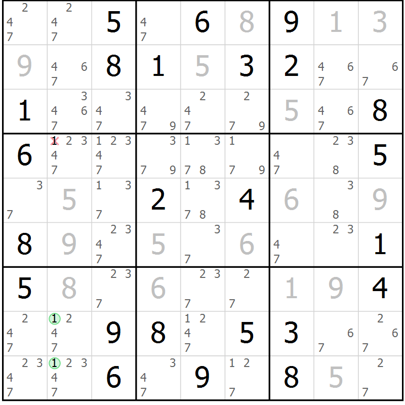 Position des candidats pour la solution de la Gr 72 page 75 du magazine de sudoku Maestro n° 101