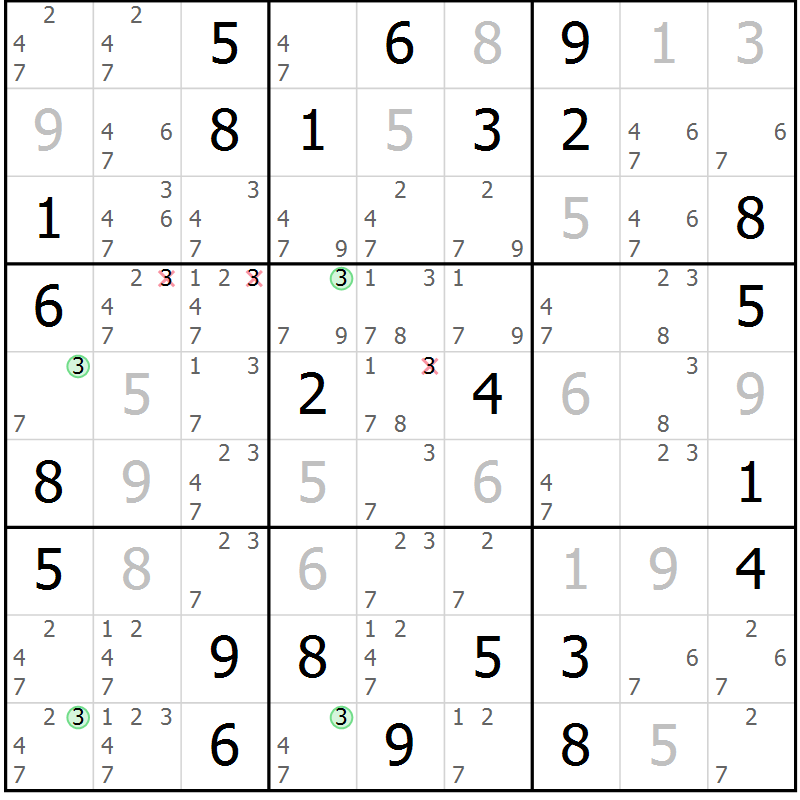 Position des candidats pour la solution de la Gr 72 page 75 du magazine de sudoku Maestro n° 101