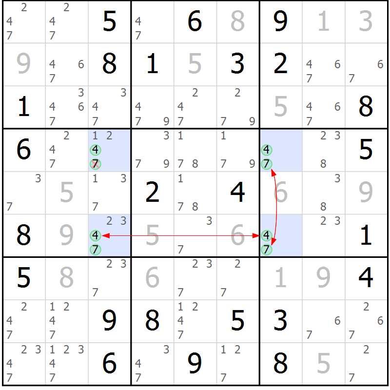 Position des candidats pour la solution de la Gr 72 page 75 du magazine de sudoku Maestro n° 101