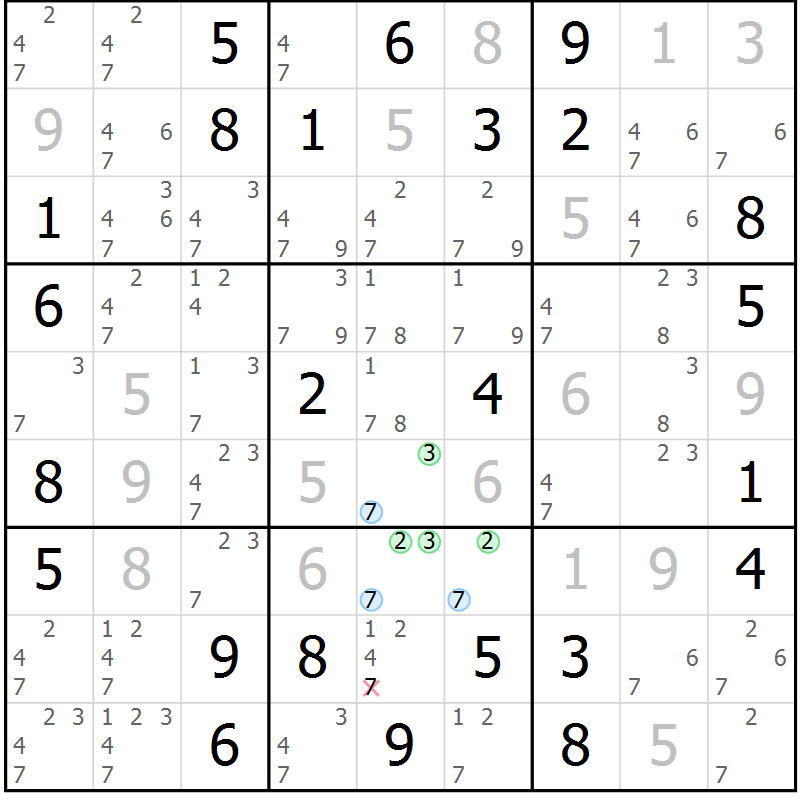 Position des candidats pour la solution de la Gr 72 page 75 du magazine de sudoku Maestro n° 101
