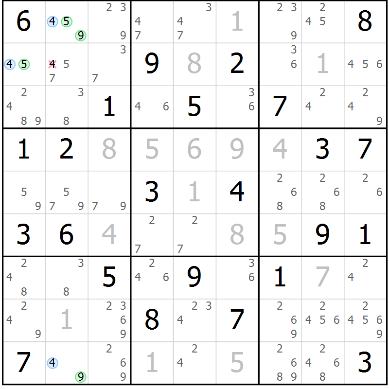 Position des candidats pour la solution de la Gr 73 page 76 du magazine de sudoku Maestro n° 101