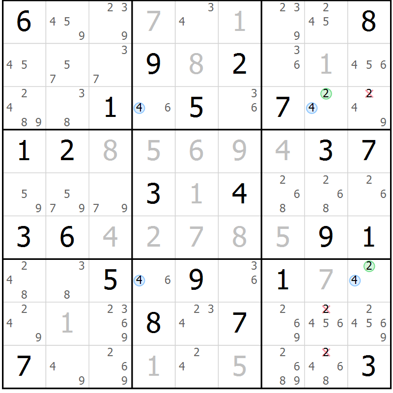 Position des candidats pour la solution de la Gr 73 page 76 du magazine de sudoku Maestro n° 101