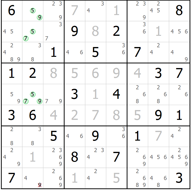 Position des candidats pour la solution de la Gr 73 page 76 du magazine de sudoku Maestro n° 101
