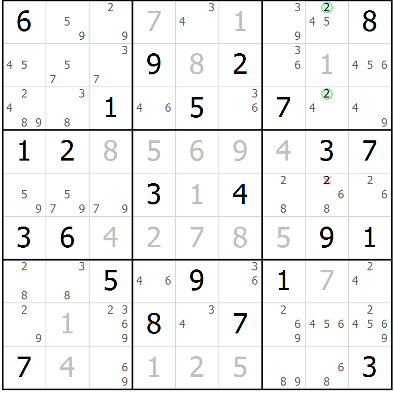 Position des candidats pour la solution de la Gr 73 page 76 du magazine de sudoku Maestro n° 101