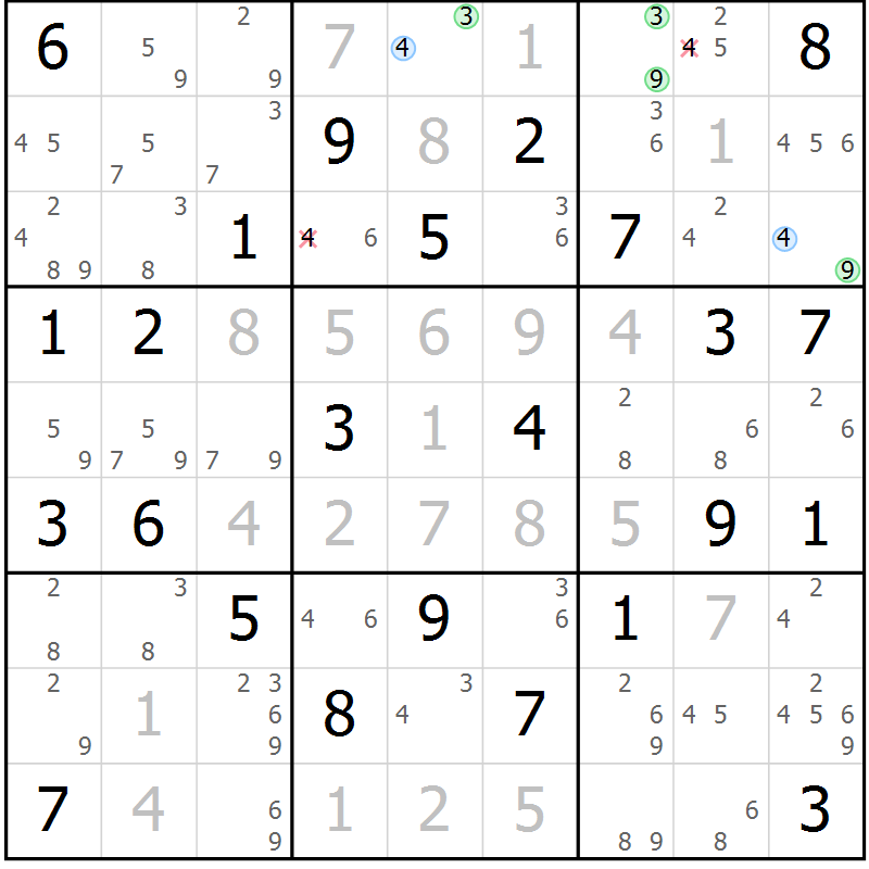 Position des candidats pour la solution de la Gr 73 page 76 du magazine de sudoku Maestro n° 101