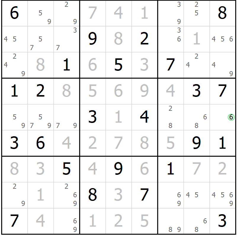 Position des candidats pour la solution de la Gr 73 page 76 du magazine de sudoku Maestro n° 101