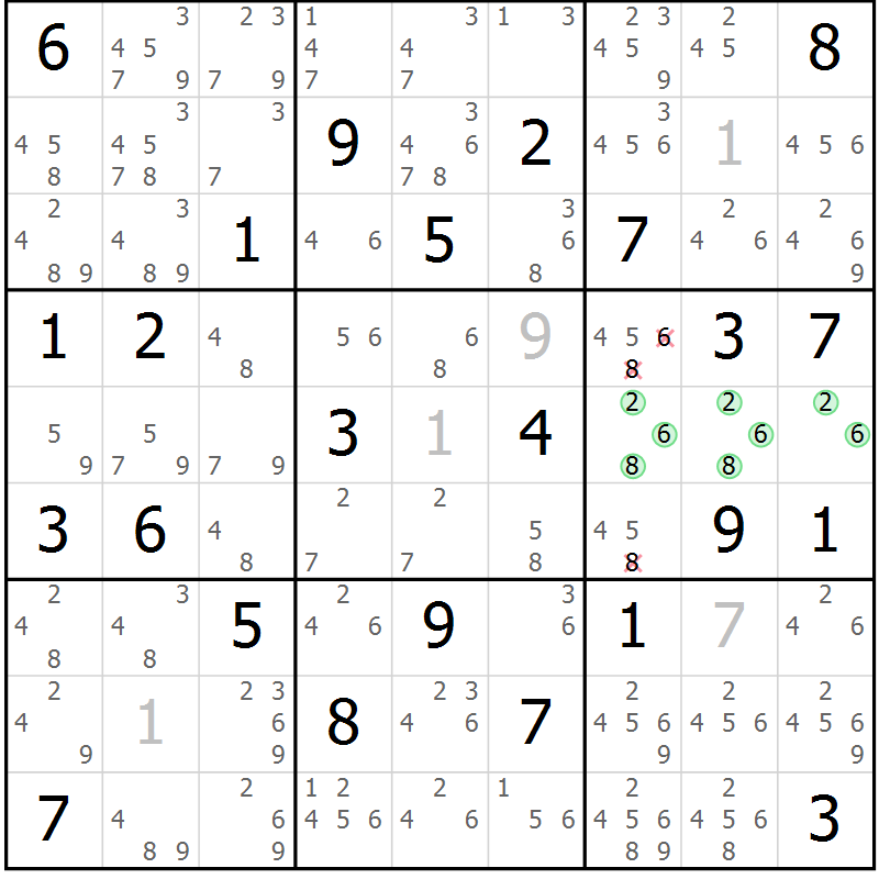 Position des candidats pour la solution de la Gr 73 page 76 du magazine de sudoku Maestro n° 101