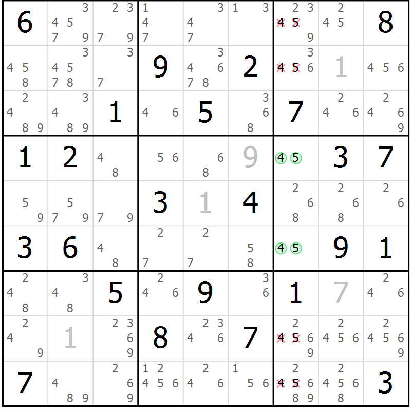 Position des candidats pour la solution de la Gr 73 page 76 du magazine de sudoku Maestro n° 101